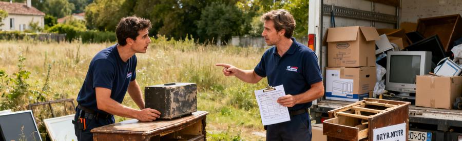 Deux débarras professionnels discutent dans un jardin à Saint-Cyr-sur-Loire, inspectant des meubles et objets à évacuer.