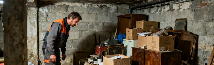 Un professionnel évalue une cave encombrée à Saint-Étienne-du-Rouvray, pleine de cartons et vieux meubles.