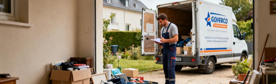 Un expert en débarras à Saint-Herblain inspecte des objets prêts à être chargés dans une camionnette.