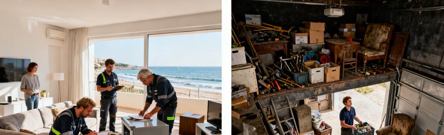 Comparaison de deux lieux de débarras : un appartement lumineux au bord de mer et un garage encombré en hauteur.