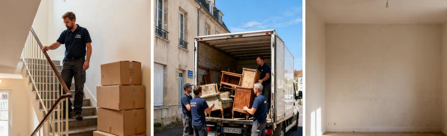 Scènes illustrant un débarras à Saint-Lô avec évaluation, chargement des meubles et appartement vidé.