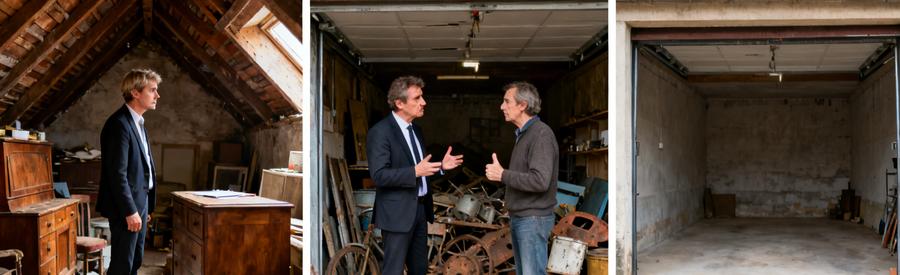 Professionnel évaluant un grenier ancien et un garage encombré, montrant différents états avant et après le débarras.