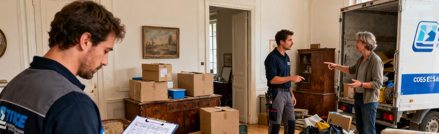 Des professionnels du débarras à Saint-Lô discutent de services tout en évaluant des objets dans un salon encombré.