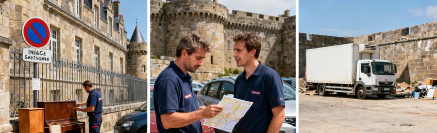Professionnels du débarras à Saint-Malo évaluant meubles et discutant des contraintes de circulation.