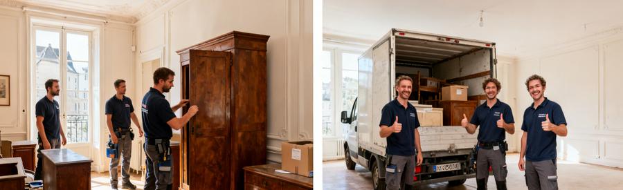 Équipe de débarras à Saint-Malo évaluant des meubles et chargeant une camionnette, montrant l'évolution d'un lieu encombré à propre.