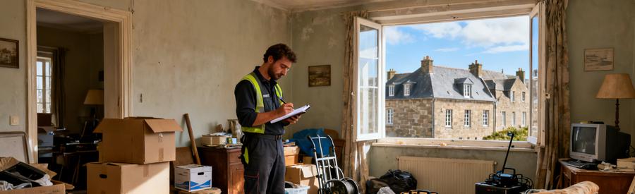 Professionnel du débarras inspectant une pièce encombrée à Saint-Malo avant l'évaluation des objets.