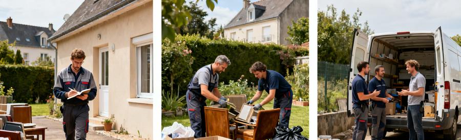 Trois étapes du débarras à Saint-Nazaire : évaluation, tri et évacuation des objets.