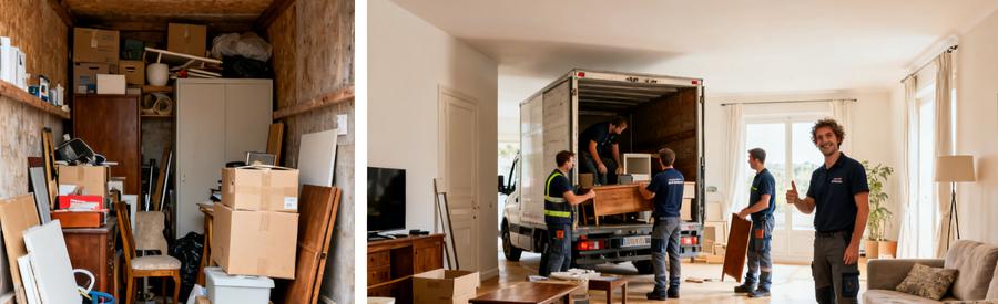 Petit espace de stockage encombré et salon dégagé à Saint-Nazaire avec débarras par des professionnels.