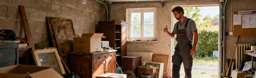 Professionnel du débarras inspectant un garage encombré à Saint-Orens-de-Gameville, prêt à désencombrer.