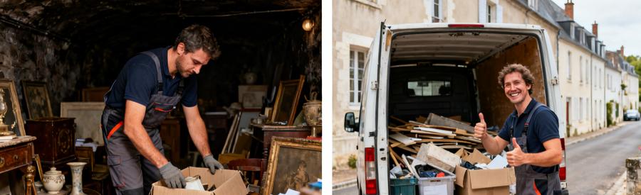 Scène de débarras à Saumur : tri d'objets dans une cave et chargement d'une camionnette, illustrant des prestations sur mesure.