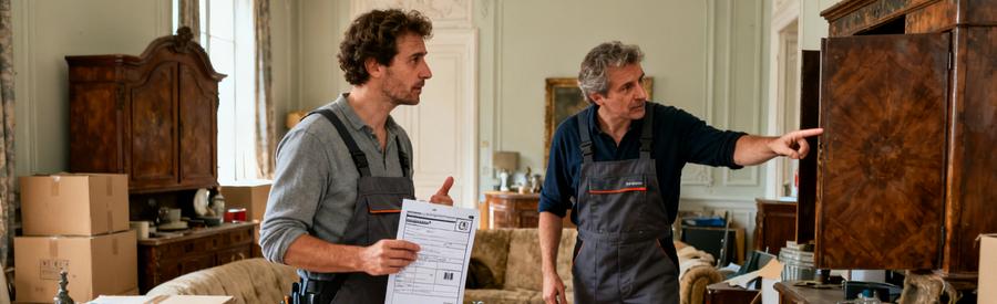 Deux débarrasseurs évaluent des meubles dans un salon encombré à Savigny-sur-Orge, illustrant l'importance de choisir de bons professionnels.