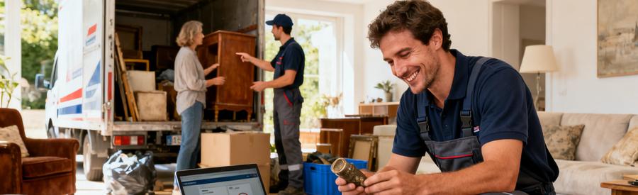 Un professionnel du débarras examine des objets dans un salon avec un client, illustrant la simplicité du processus de débarras à Sélestat.