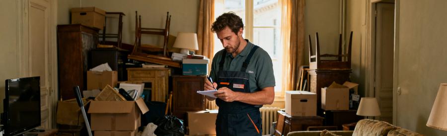 Un professionnel du débarras inspecte des objets dans un salon encombré à Sens, prêt à organiser l'évacuation.