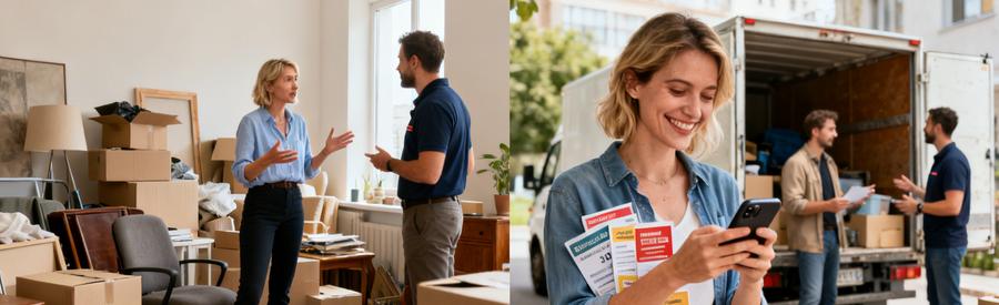 Client expliquant ses besoins de débarras à un professionnel, puis examinant des offres pour choisir le meilleur service.