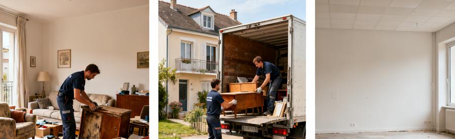 Trois scènes illustrant le débarras d'appartement, maison et local commercial par des professionnels expérimentés.