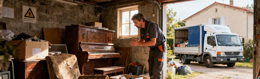Un professionnel examine une cave remplie de vieux objets avant le débarras à Tarbes, avec un camion prêt à charger.