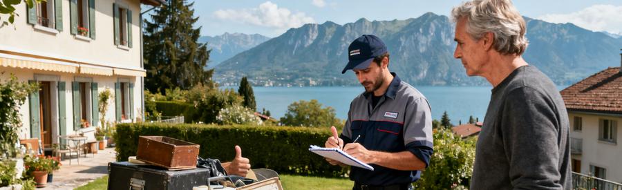 Un professionnel du débarras évalue des objets devant une maison à Thonon-les-Bains avec le lac Léman en arrière-plan.