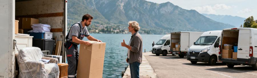 Débarras à Thonon-les-Bains : professionnel inspectant des encombrants sur le quai avec camionnettes prêtes au chargement.