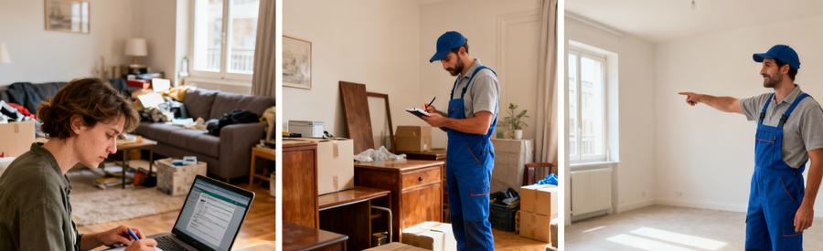 Processus de débarras en 3 étapes : formulaire en ligne rapide, inspection professionnelle, intérieur vide et propre
