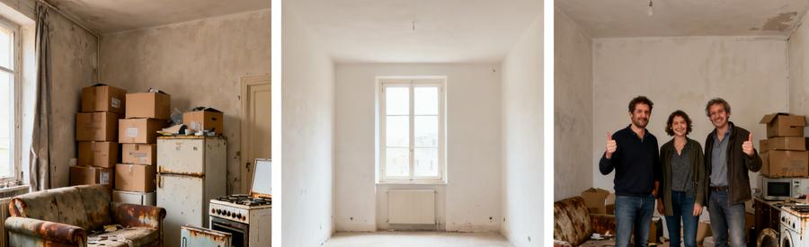 Avant/après débarras d'appartement à Vannes : espace encombré transformé en intérieur vide et propre