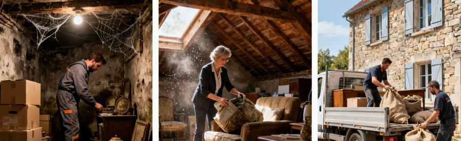 Trois scènes de débarras professionnel : inspection de cave, tri en grenier, chargement camionnette. Expertise pour tous types d'espaces à Vannes.