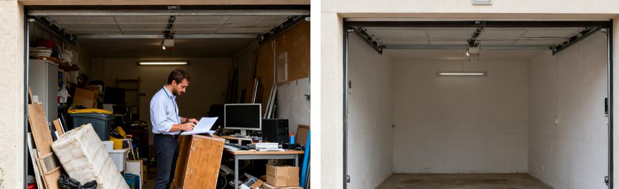 Professionnel examinant des objets dans un garage, puis garage vide et propre après débarras à Vaulx-en-Velin.