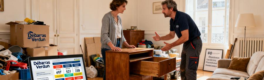 Un professionnel explique les offres de débarras à un client dans un salon. Objets à trier visibles en arrière-plan.