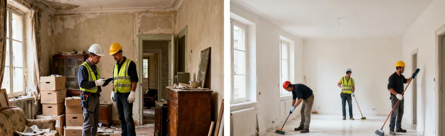 Des professionnels du débarras à Vesoul évaluent et nettoient un logement, avant/après, appareillage en désordre et propreté.