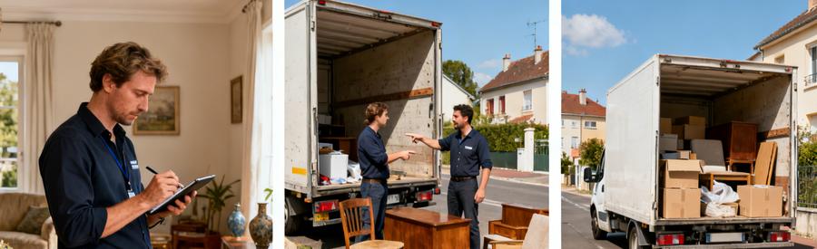 Professionnels en action lors d'un débarras à Viry-Châtillon, montrant le processus d'évaluation et de chargement.