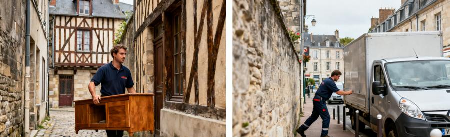 Professionnels du débarras transportant des meubles dans les ruelles pavées de Vitré, illustrant leur expertise logistique.