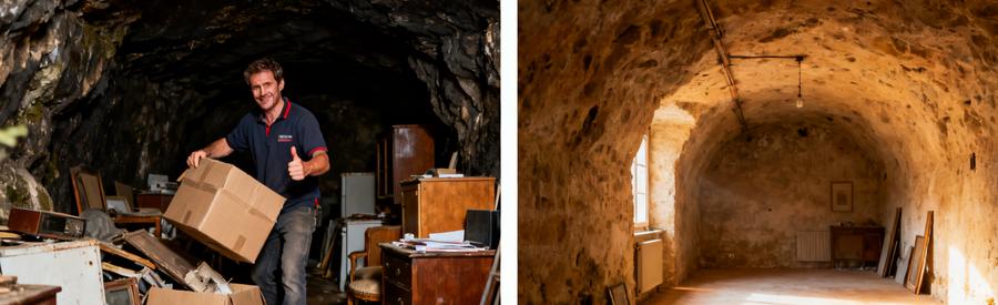 Débarrasseur professionnel nettoyant une cave encombrée dans les Vosges, avant et après le débarras.