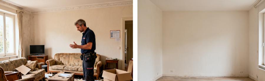 Débarras dans un salon Vosgien, avant avec encombrement et après dégagement espace propre.