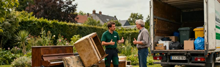 Un professionnel du débarras au jardin, discutant avec un client à Wattrelos sur des objets à évacuer, devant une camionnette.
