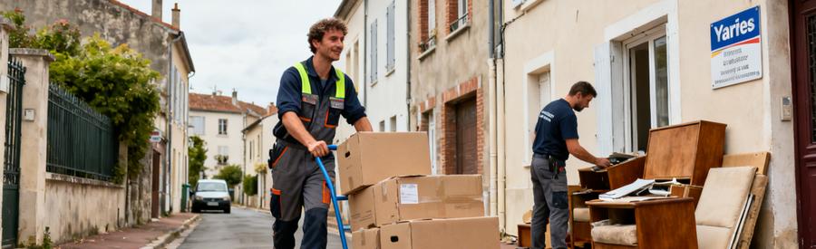 Professionnel du débarras dans la rue étroite de Yerres, transportant des cartons et inspectant des meubles à évacuer.