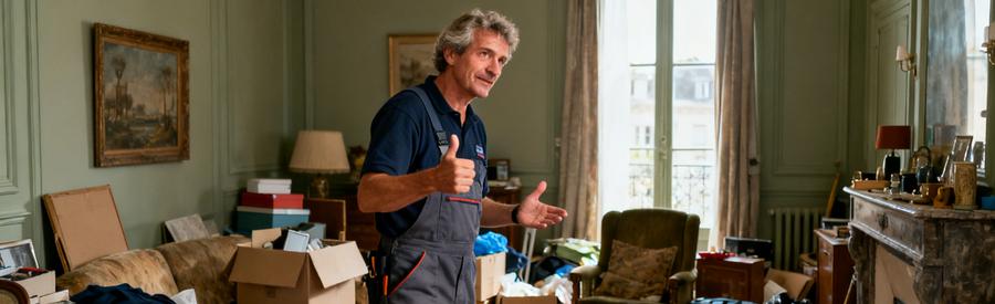 Professionnel du débarras évaluant un logement encombré à Lorient avec expertise et bienveillance