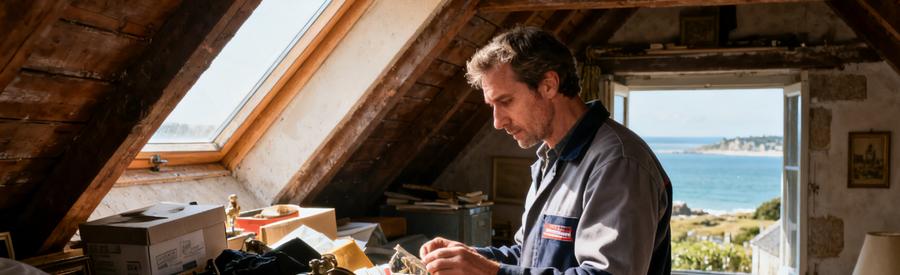 Débarrasseur professionnel évaluant un grenier encombré avec vue sur le paysage côtier du Morbihan à Lorient