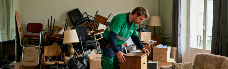 Professionnel du débarras effectuant le tri sélectif des objets dans un salon à Lorient, valorisant les articles réutilisables.
