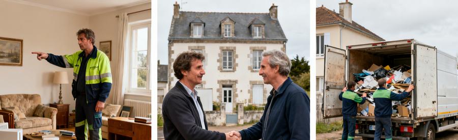Trois étapes du débarras à Lorient : évaluation des objets, accord entre professionnels, enlèvement complet des encombrants
