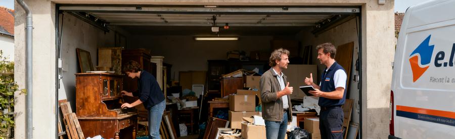 Une scène de débarras à Bruay-la-Buissière avec un garage encombré à gauche et un professionnel montrant des offres à droite.