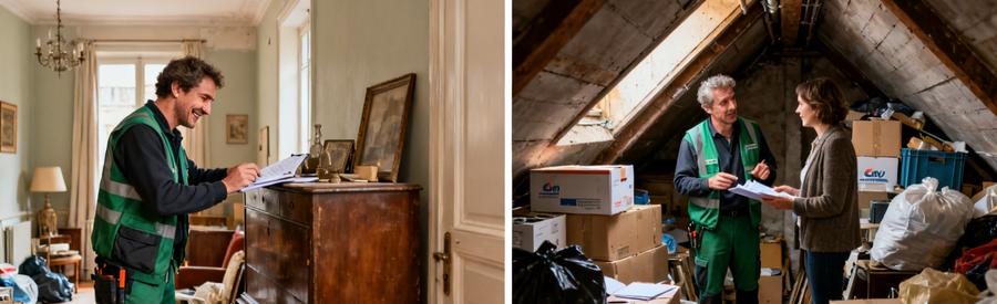 Débarras professionnel évaluant des objets dans un appartement et un grenier à Calais, illustrant les différences de coûts.