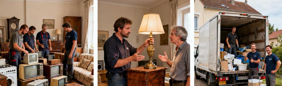 Scènes d'un débarras à Cesson-Sévigné : professionnel inspectant objets, évaluation de meubles et chargement dans un camion.