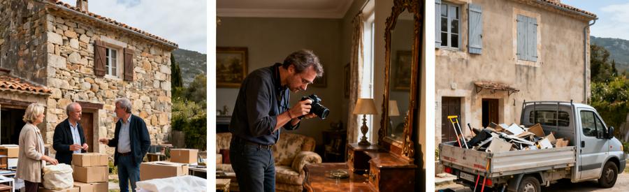 Professionnel et héritiers examinant objets dans maison en Haute-Corse, chargement en cours devant la camionnette.