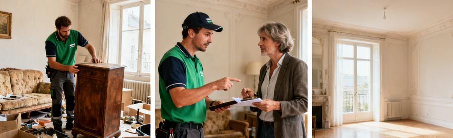Un professionnel du débarras évalue des objets dans un salon encombré avant de les enlever, montrant l'importance de l'évaluation.