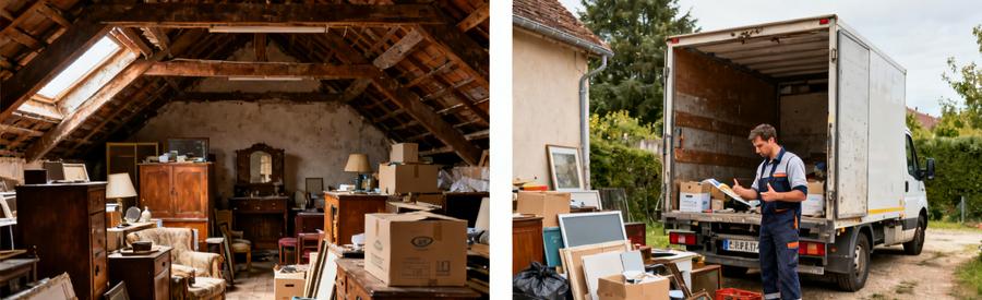 Scène de débarras dans le Loiret, montrant une maison avec combles encombrés et un pro triant les objets.