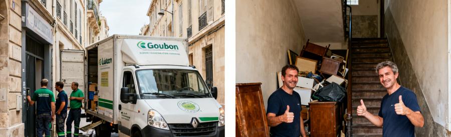 Professionnels du débarras manœuvrant un camion et évacuant des meubles dans un quartier dense de Marseille.