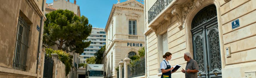 Professionnel discutant avec un habitant du 8ème arrondissement de Marseille, devant une propriété.