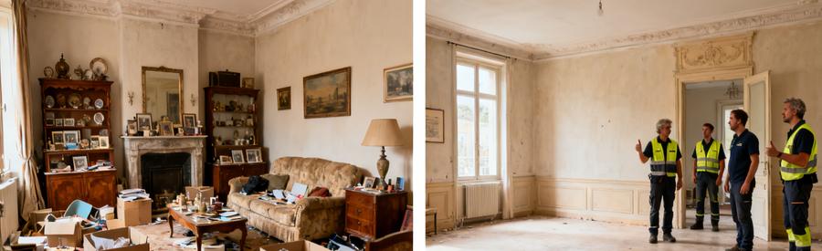 Salon encombré avant et après un débarras à Ploemeur, montrant des professionnels au travail.