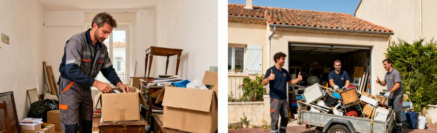 Démarche de débarras à Marseille 16ème, illustrant le tri dans un studio et le nettoyage d'un garage en pavillon.