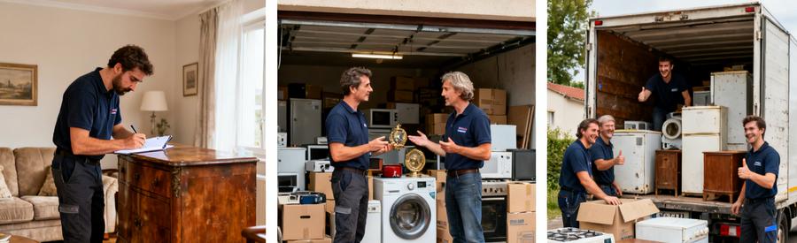Professionnels évaluant des objets lors d'un débarras à Alençon, mettant en évidence la valeur de revente.