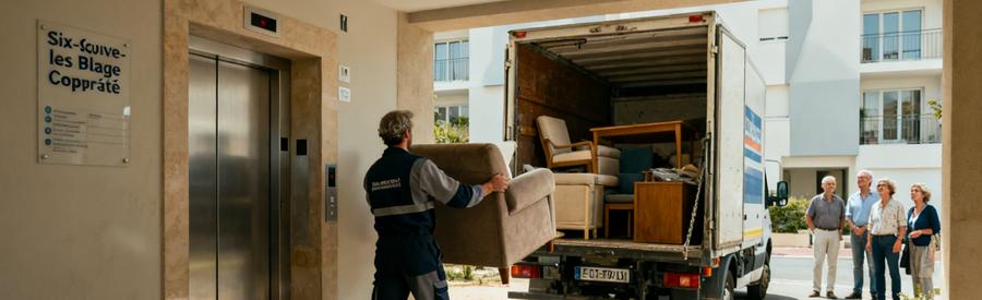 Un débarras professionnel dans une copropriété à Six-Fours-les-Plages avec un livreur venant de l'ascenseur et un camion utilitaire.